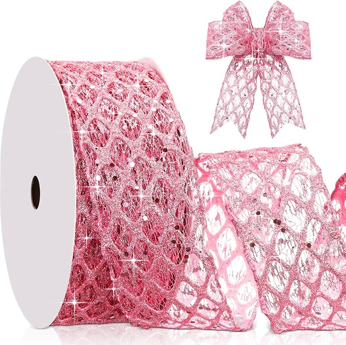 Geosar 20 Yards Pink Glitter Mesh Wired Ribbon for Christmas Tree Decorations, Gift Wrapping, DIY Craft, Xmas Wreaths, Cabinet Decor (2.5 Inch)