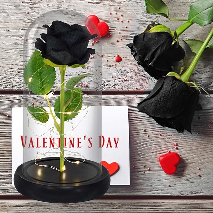 QUELIEN Black Roses in Glass Dome,Eternal Rose Gift for Women,Lasts Forever Home Decor,Mother's Day Christmas