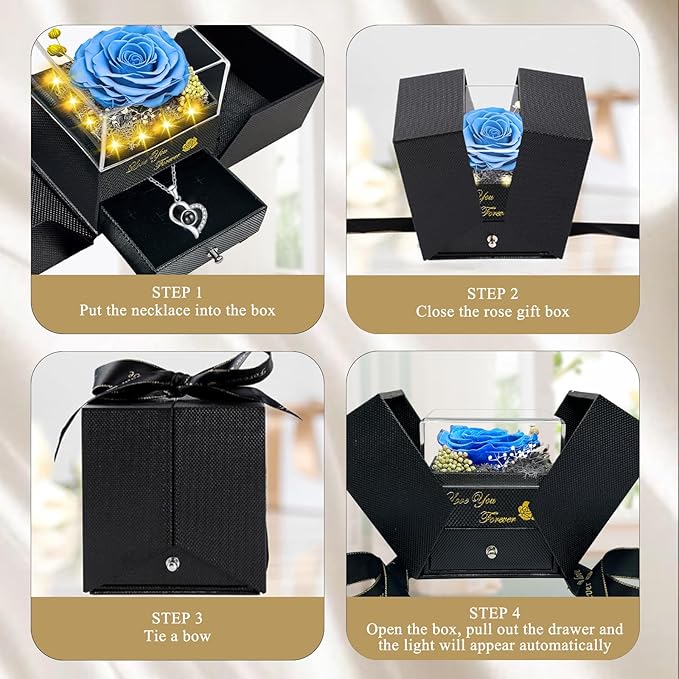 Preserved Real Rose-Eternal Flowers Rose Mothers Day for Mom Women Her Wife Girlfriend on Birthday Valentines with I Love You Necklace 100 Languages Romantic Gift (Light Blue)