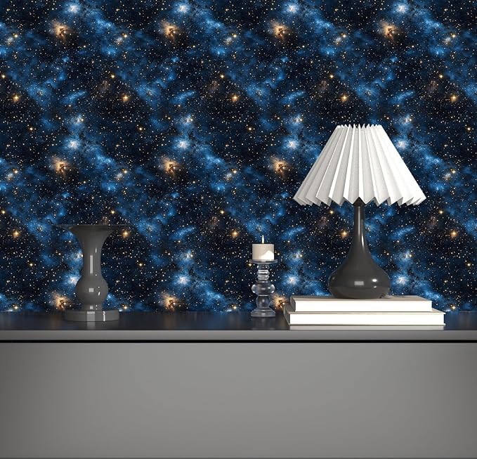 Blue Starry Peel and Stick Removable Black Sky Contact Paper 17.5in x393.7in, Gold Star Modern Wallpaper Mural Waterproof Self Adhesive for Wall Bedroom Bathroom Kitchen Cabinet Room Decor
