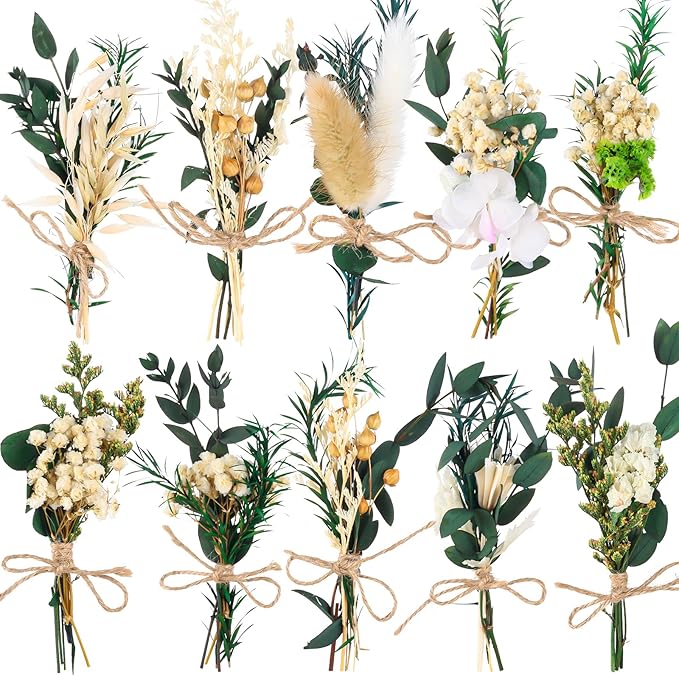 VAIPI 10 Pack Dried Flower Bouquets Green Series Natural Dried Plant with Stem Mini Flower Bundles Artificial Eucalyptus for Vase, DIY, Farmhouse Decor,Wedding Crafts,Home Party Fake Plant Decor