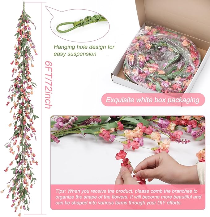 Artgar Flower Garland 6Ft Spring/Summer Garland Floral Garlands for Mantle All Year Round Paper Garlands Decor for Indoor Outdoor Home Wedding Arch Porch Staircase Year Round Decor (Red&Orange&Purple)