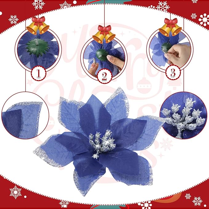 WILLBOND 24 Pcs 3 Size Poinsettia Flower Artificial Christmas Decor Glitter Poinsettia Christmas Ornaments Faux Flowers for Xmas Tree Outdoor(4/6/7.9 Inches,Navy Blue)