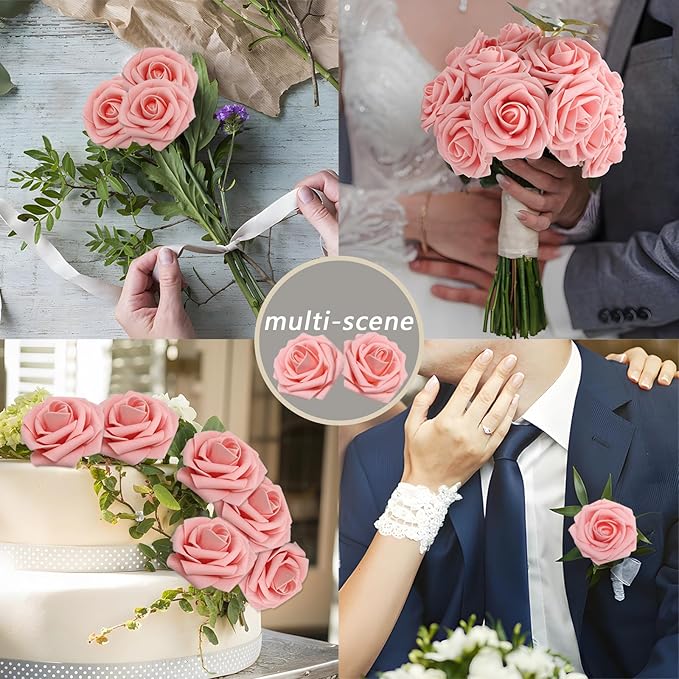 200PCS Artificial Flowers Pink Roses Real Looking Foam Fake Roses with Leaves for DIY Wedding Bouquets Bridal Shower Party Decorations (Pink, 200)