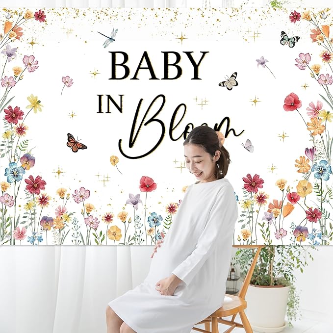 Avezano Wildflower Baby in Bloom Backdrop Banner Wildflower Baby Shower Party Decorations for Girls Gold Glitter Butterfly Spring Floral Newborn Party Supplies (7x5ft)