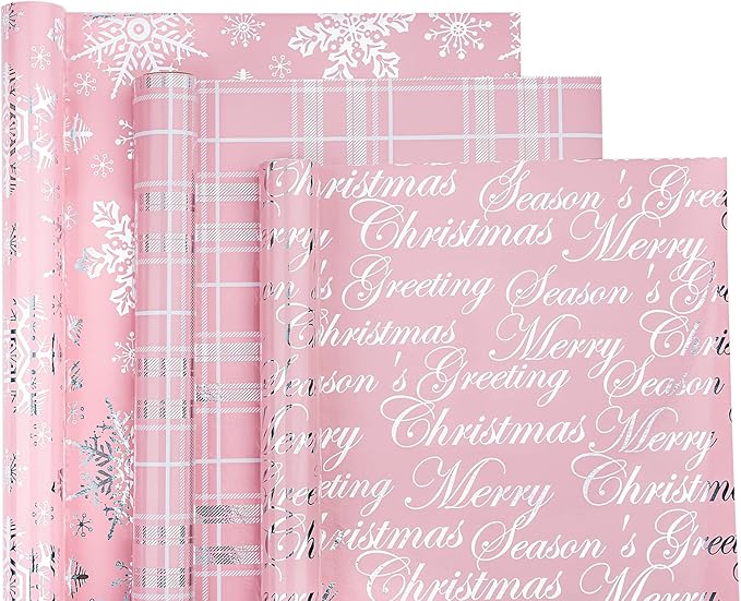 WRAPAHOLIC Christmas Wrapping Paper Roll - Mini Roll - 3 Rolls - 17 Inch X 120 Inch Per Roll - Pink with Silver Metallic Foil Snowflake, Plaid, Merry Christmas Lettering