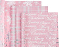 WRAPAHOLIC Christmas Wrapping Paper Roll - Mini Roll - 3 Rolls - 17 Inch X 120 Inch Per Roll - Pink with Silver Metallic Foil Snowflake, Plaid, Merry Christmas Lettering