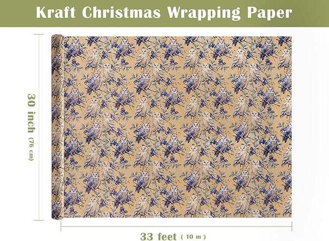 WRAPAHOLIC 30 Inch Kraft Christmas Wrapping Paper - 30 Inch x 33 Feet - Owl Wrapping Paper Wild Animal Winterfall Watercolor Design for Christmas, Holiday, Party Celebration