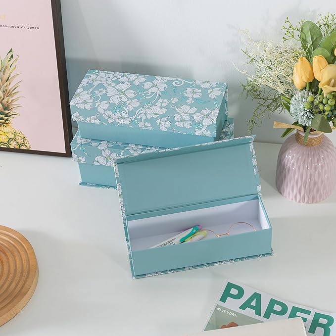 Soul & Lane Decorative Storage Boxes with Lids, Set of 3 Cardboard Boxes for Home Décor and Documents, Memory Organizers for Keepsakes with Magnetic Closure, Photo Storage, Blue Botanical