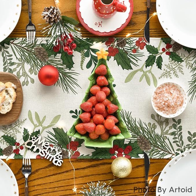 Artoid Mode Holly Pine Cone Christmas Table Runner, Seasonal Winter Kitchen Dining Table Decoration for Home Party Decor 13x72 Inch