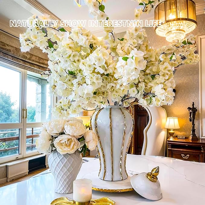 Ginger Jar, White Gold Ceramic Vase Large Handmade Porcelain Vases with Lid, White Gold Decorative Flower Vase for Home, Living Room, Weddings, Centerpieces (14in with Lid)