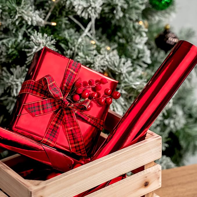 RUSPEPA Red Metallic Wrapping Paper - Christmas Wrapping Paper Perfect for Wedding, Birthday, Christmas, Baby Shower - 17 Inches X 32.8 Feet