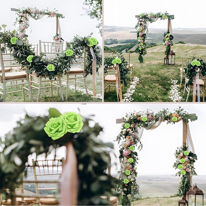 100Pcs Green Artificial Flowers Roses Real Looking Foam Fake Roses with Leaves for DIY Wedding Bouquets Bridal Shower Centerpieces Party Decorations (Green, 100)