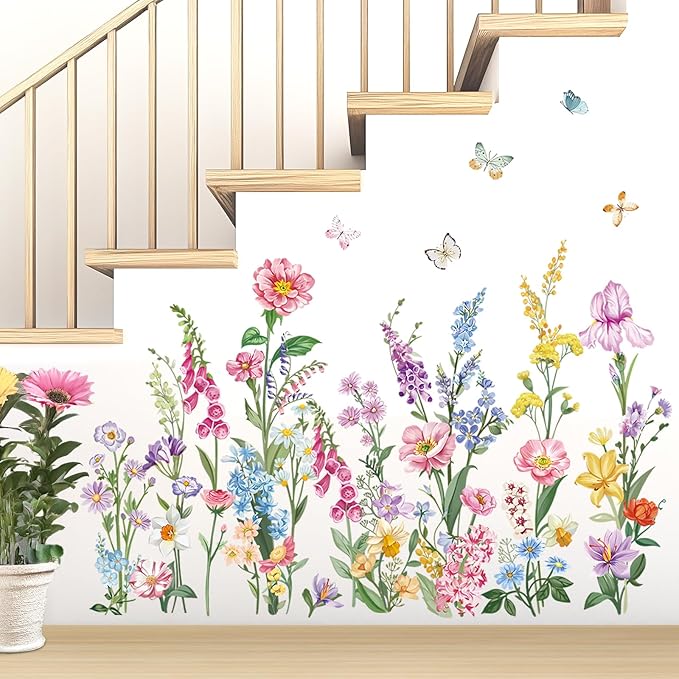 wondever Garden Flower Wall Stickers Wildflower Iris Daisy Floral Butterflies Peel and Stick Wall Art Decals for Bedroom Living Room Sofa