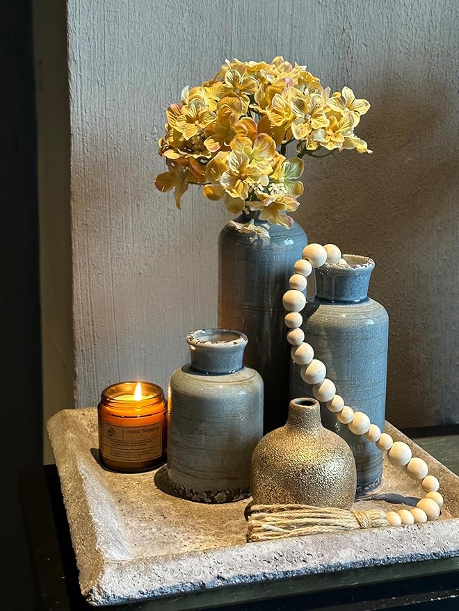 CwlwGO- Ceramic Rustic Vintage Blue Vase, Suitable for Home Decoration, 3 Piece Set of Glazed Decorative Vases, Kitchen, Bedroom.Living Room Table,Shelf Decorations.