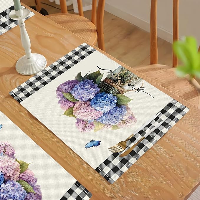 Farmhouse Hydrangea Placemats Set of 4, Country Sunshine Flowers Place Mats, Rustic Spring Butterfly Dining Table Mats, Washable Placemats for Kitchen Dining Room 18L'' × 12W''