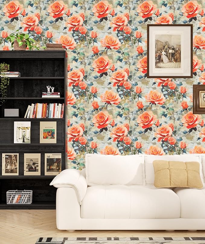 Bright Watercolor Floral Wallpaper Vibrant Flower Wall Paper Stick and Peel Colorful Orange Contact Paper for Bedroom Bedroom Cabinet Removable Renter Friendly 17.5 x 118In
