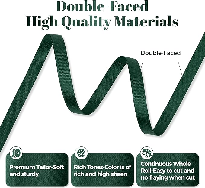 Hunter Green Satin Ribbon, Double Faced 1/4 Inch X 50 Yards Hunter Green Ribbon, Premium Satin Ribbon for Gift Wrapping, Crafts, Hair Bow Making, Sewing, Flower Bouquet, Wedding Party Decor