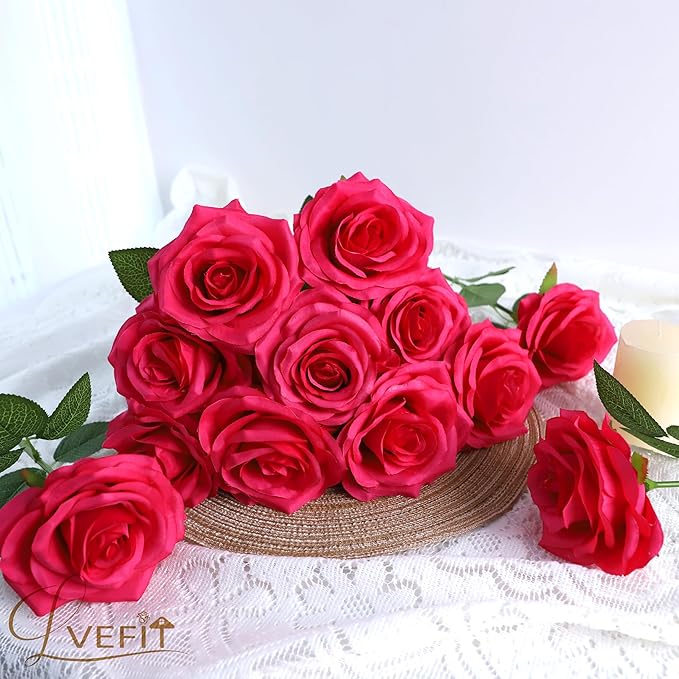 30pcs Artificial Rose Flower Hot Pink Rose Flower with Long Stem Silk Roses Bouquet for Wedding Bridal Shower Party Home Decoration