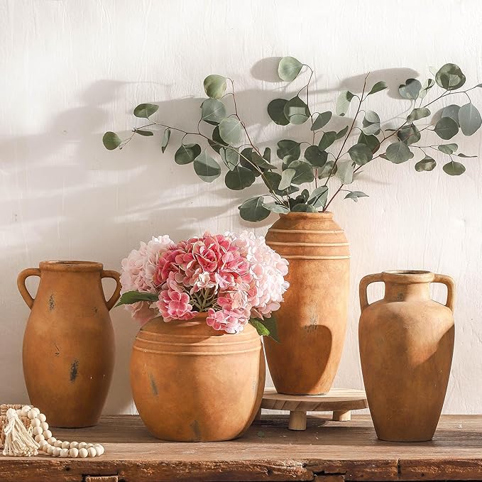 Large Ceramic Vase with 2 Handles, 11.41 inch Terracotta Rustic Farmhouse Vase for Home Decor, Wide Mouth, Living Room Shelf Decor, Enterway, Wedding, Table Decoration