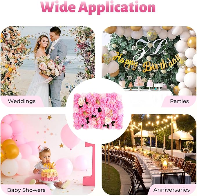 12pcs Flower Wall Panels 15.7“ x 23.6" Floral Wall Artificial Flower Backdrop for Wedding Party Photo Backgrounds Dark Pink