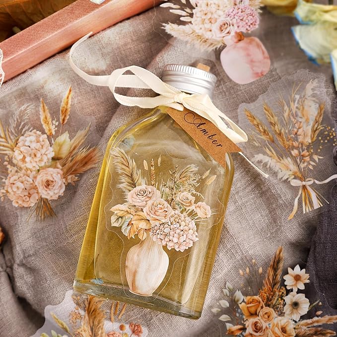 TIAMECH Amber Flower Shadow PET Stickers - 120 Pcs Branch Garland Flicker Design, Waterproof Sticker for Journaling & Scrapbooking, Junk Journal Supplies, Ephemera & DIY Crafts