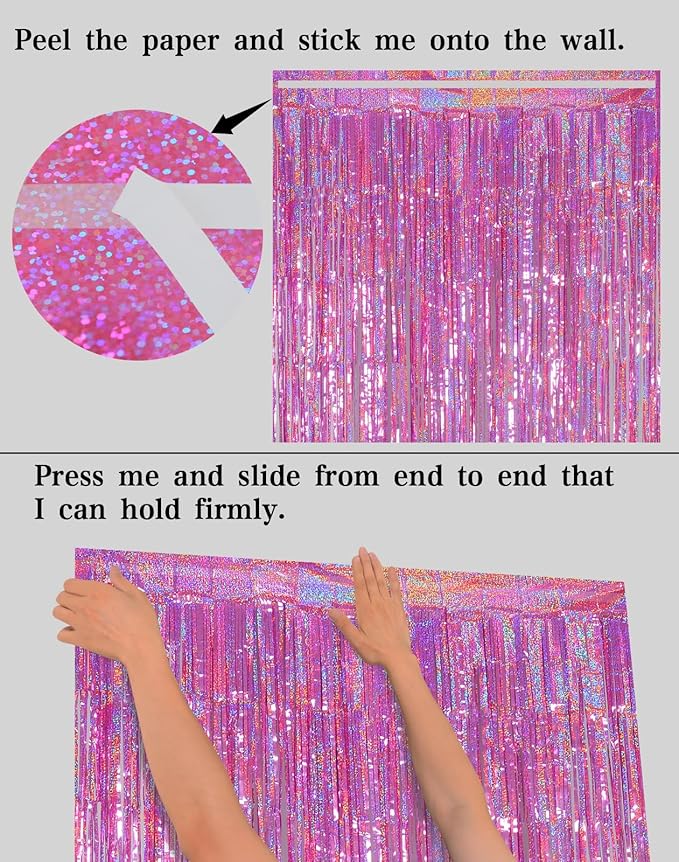 Melsan 3 Pack 3.2 x 8.2 ft Foil Fringe Curtains - Pink Tinsel Curtain Girl Birthday Decorations Photo Backdrop for Party Decoration Engagement or Bachelorette Party Supplies