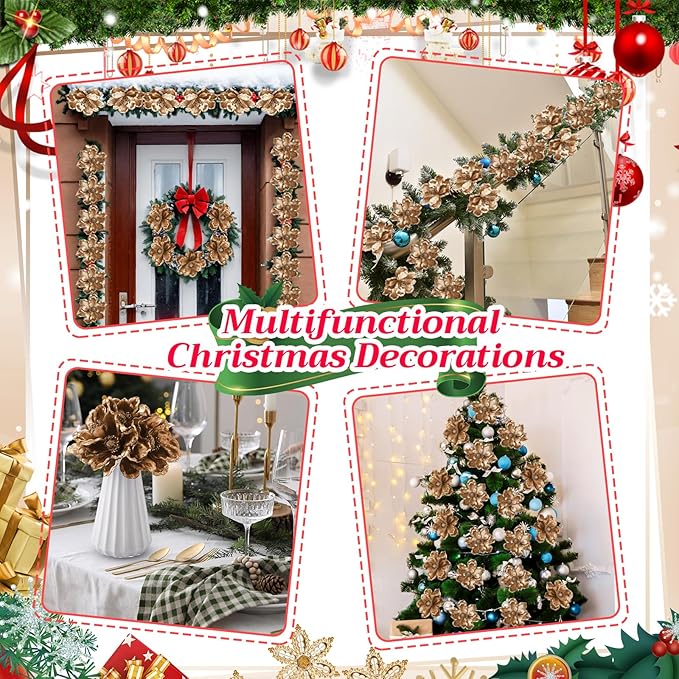 20 Pcs Christmas Glitter Poinsettia Magnolia Flowers Ornaments Large Heads Artificial Magnolia Flowers for Christmas Tree Xmas Wreath Holiday Wedding Decor(Gold)