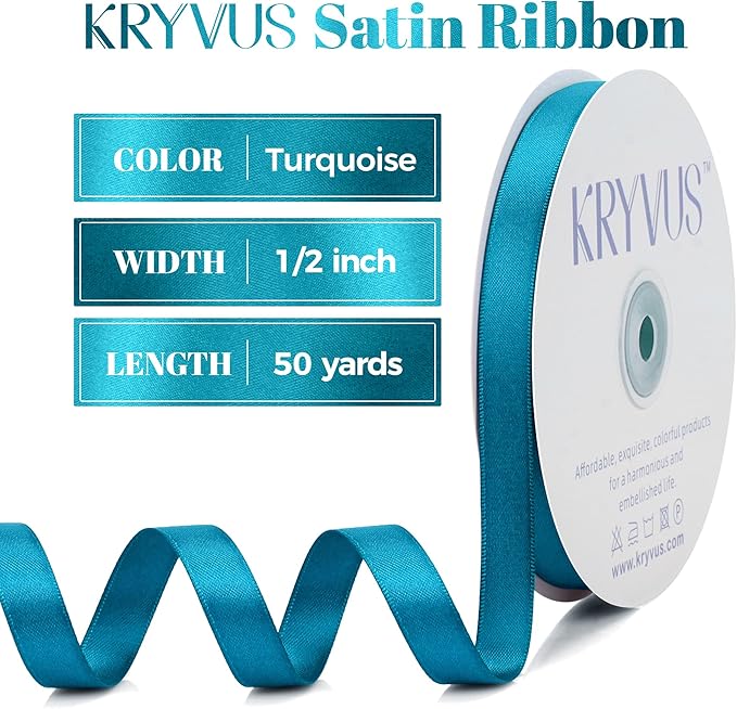 Turquoise Blue Satin Ribbon, Double Faced 1/2 Inch X 50 Yards Turquoise Ribbon, Premium Satin Ribbon for Gift Wrapping, Crafts, Hair Bow Making, Sewing, Flower Bouquet, Wedding Party Decor