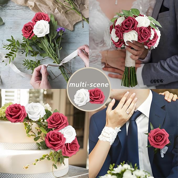 50PCS Artificial Flowers Burgundy and White Roses Real Looking Foam Fake Roses with Leaves for DIY Wedding Bouquets Bridal Shower Party Decorations (Wine red & White, 50)