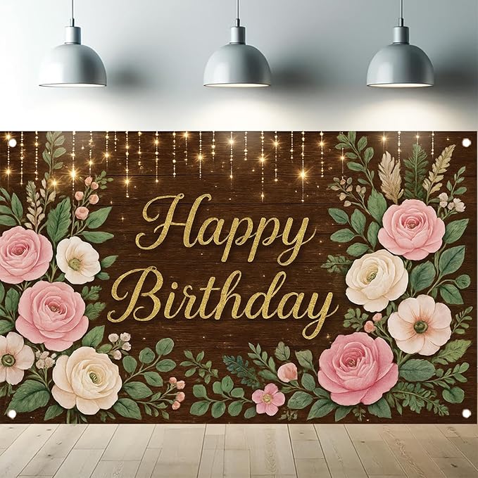 Rustic Wood Floral Birthday Backdrop Banner Pink Flower Wooden Happy Birthday Photography Background Women Girls Wedding Baby Shower Decor Party Decorations Photo Studio Props 6x4ft