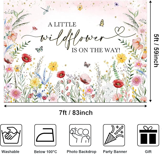 Avezano Wildflower Baby Shower Backdrop Watercolor A Little Wildflower is On The Way Baby Shower Party Decorations Wildflower Theme Girl Banner Photoshoot Props 7x5 ft, 83x59 inch