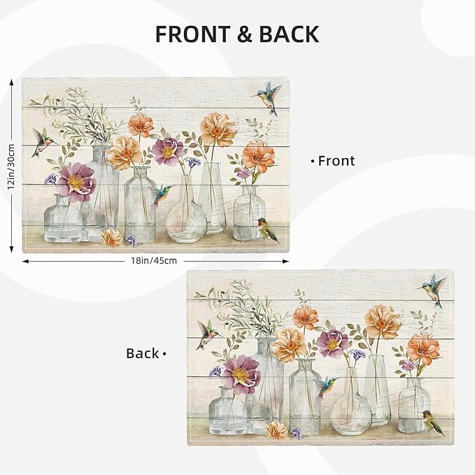 Floral Placemats Set of 6 Flower Hummingbird Table Mats Washable Place Mats for Home Party Indoor Kitchen Dining Table Decoration 12x18 Inch