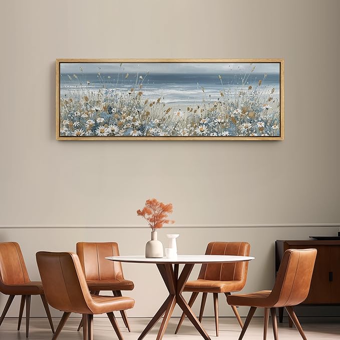 SIGNFORD Large Framed Canvas Print Wall Art Coastal Wildflowers Beach Meadow Landscape in Soft Blue and Beige Tones Illustrations Modern Art Relax/Calm Warm for Living Room, Bedroom, Office - 60"x20"