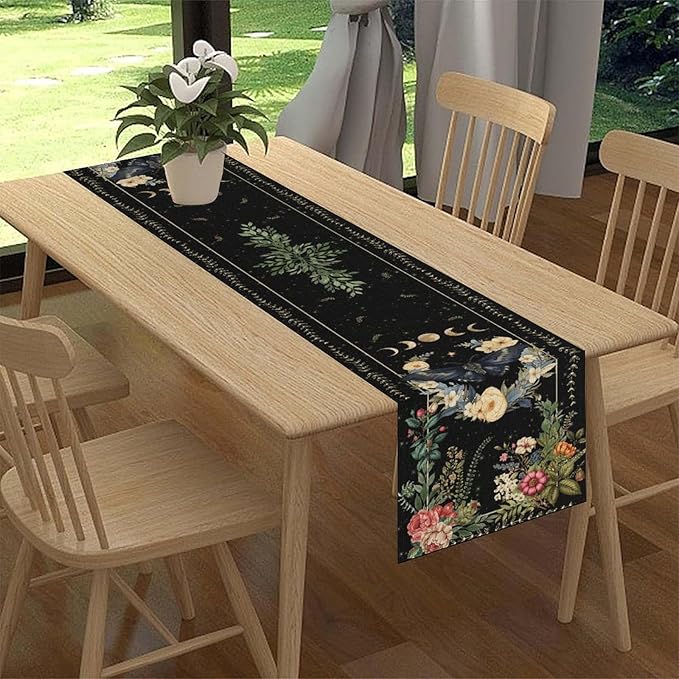 Gothic Moth Table Runner, Boho Vintage Floral Gothic Sun Moon Phase Mystical Witchy Farmhouse Coffee Table Center Decor for Home Kitchen Dining Patio Holiday Party Table Decorations 13x90 inches
