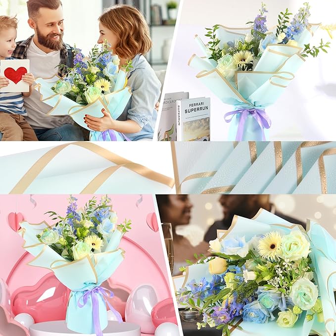 YIDATIKER 20 sheet Flower Wrapping Paper,waterproof floral wrapping paper for bouquets,DIY Florist Supplies Packaging Paper with satin ribbon for Wedding,Birthday,Valentine's Day(Light Blue)