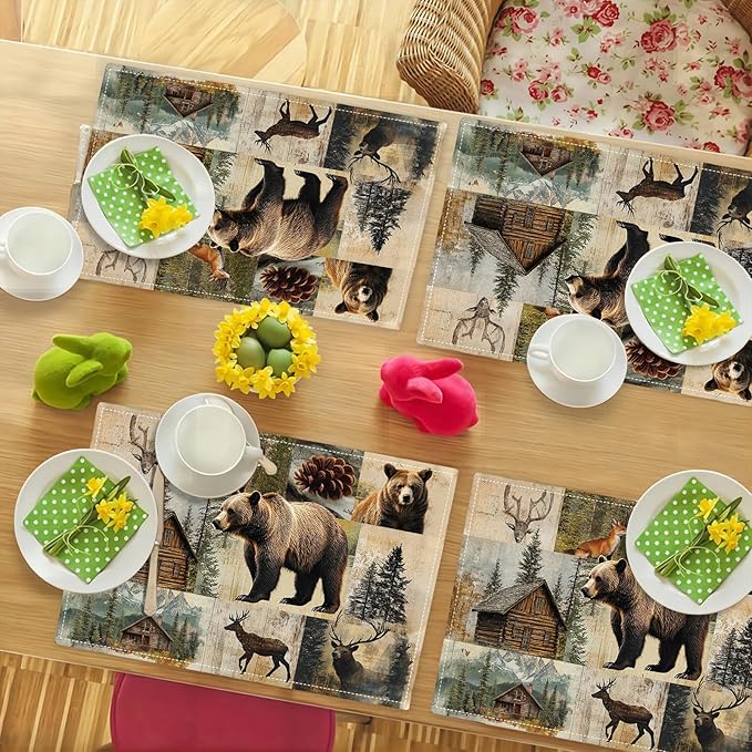 Rustic Bear Deer Fox Cabin Placemats Set of 6, Farmhouse Lodge Place Mats, Country Brown Bear Dining Table Mats, Washable Placemats for Kitchen Dining Room 18L'' × 12W''