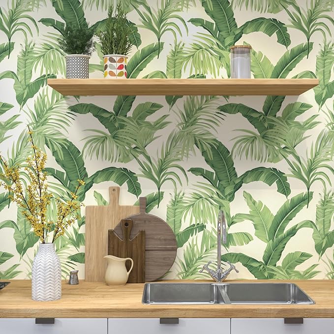 Green Leaf Wallpaper Peel and Stick, Beige Tropical Contact Paper 17.5" x 393.7", Palm Leaves Wall Paper Self Adhesive Waterproof Removable for Room Shelves Cabinet Drawer Table Decor