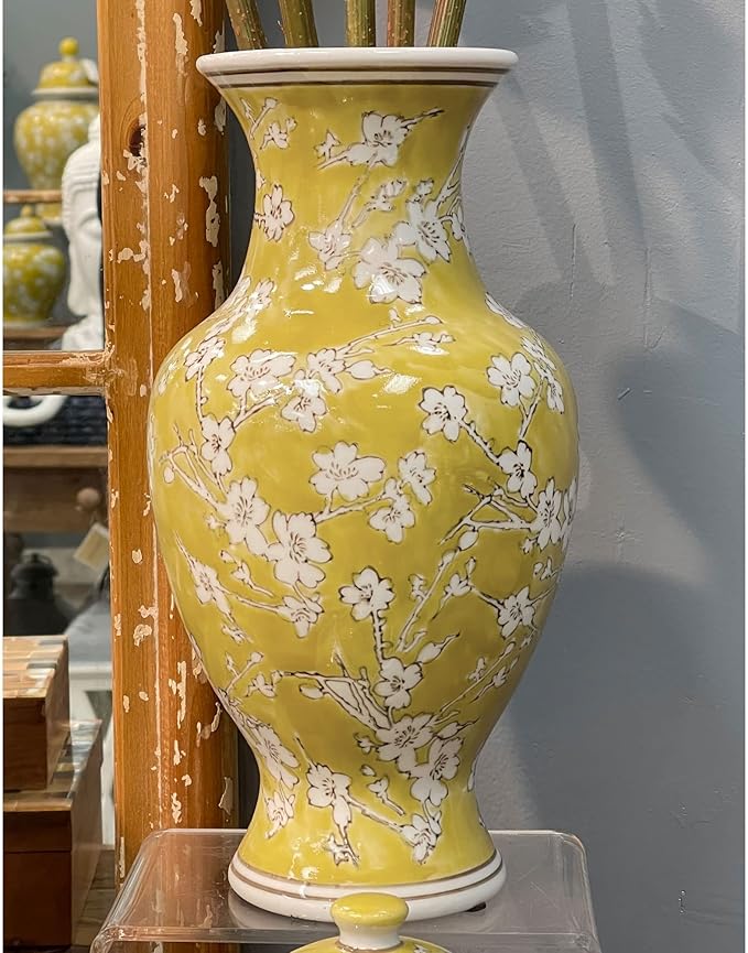 Galt International 14” Hand Painted Chinoiserie Ceramic Vase – Antique Style Porcelain Flower Bottle by Galt International, Fishtail Chinese Vase for Home Decor & Centerpiece - Yellow and White Sakura