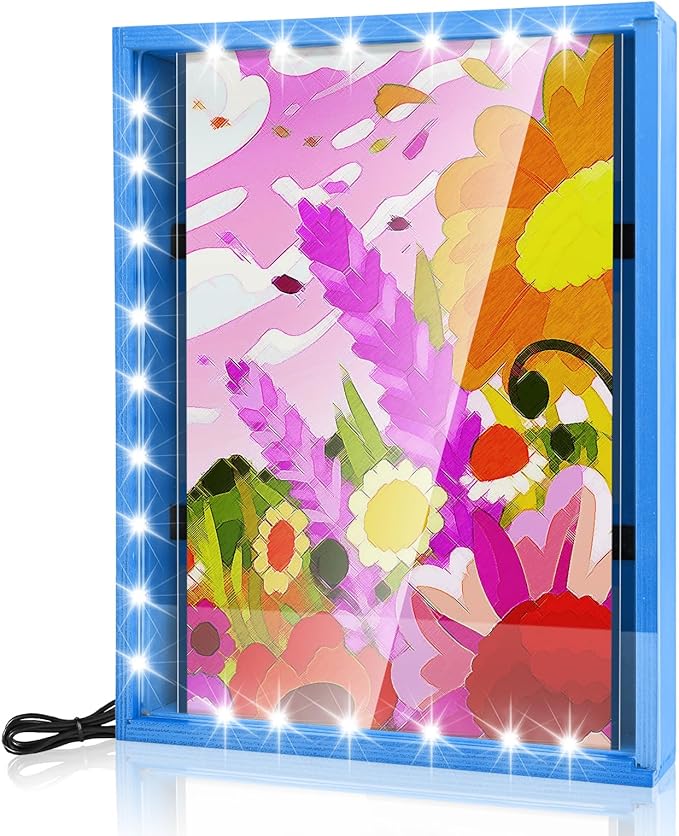 Dried Flowers Shadow Box with LED Light Dimmable Changeable Pictures Display Frame Wall-mounted & Tabletop Photo Album Display (Indigo)