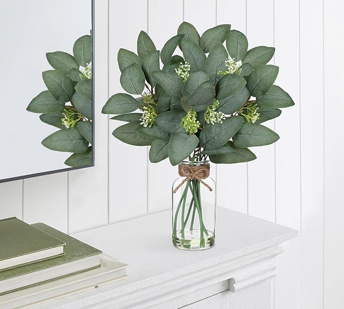 Hollyone 16.1" Artificial Eucalyptus Stems with Glass Vase with Faux Water Fake Plant Eucalyptus in Vase for Home Decor Greenery Plants Wedding Bathroom Office Table Centerpiece Shelf Decorations