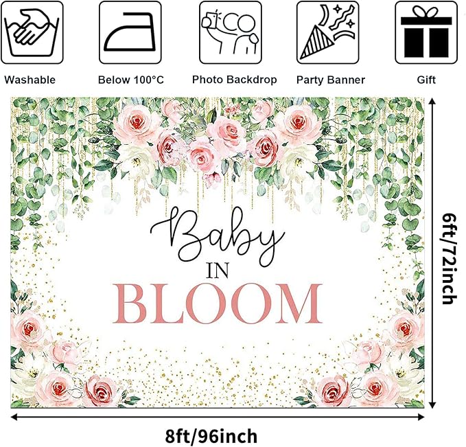 Avezano Baby in Bloom Backdrop Sage Green Leaves with Pink Flowers Baby Shower Party Decorations Baby Girl's Greenery Floral Nature Theme Photography Background Cake Table Banner (8x6ft(96x72in))