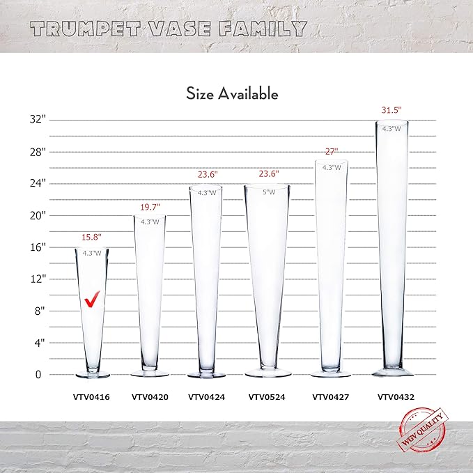 WGV Trumpet Glass Vase Bulk, Open 4", Height 16", (Multiple Sizes Choices) Clear Tall Pilsner Floral Planter Container Centerpiece, Wedding Event Home Decor, 8 Pieces (VTV0416)
