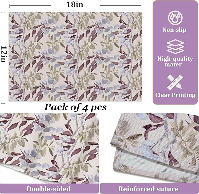 Botanical Placemats Set of 4, 12x18 in Waterproof Place Mats for Dining Table, Floral Table Mats with Mauve Gray Green Leaves and Silver Branches, Nature-Inspired Heat-Resistant Kitchen Decor