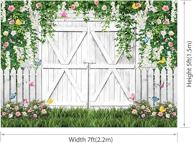 AOFOTO White Barn Door Floral Backdrop 7x5ft Spring Garden Background Banner Green Leaves Flowers Butterfly Wooden Door Backdrops Birthday Bridal Shower Wedding Banner Photo Booth Studio Props