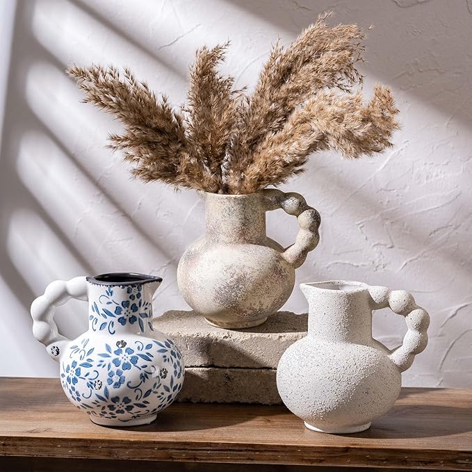 Antique Flower Ceramic Vase with Handle, Vintage Pitcher Terracotta Vases, Boho Decor Farmhouse Stone Pottery Vases, Rustic Decorative Vase for Home Decor, Table, Living Room, Mantel, Wedding 6.9 Inch