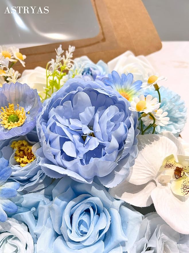 ASTRYAS Blue Artificial Flowers Combo Box Set, Baby Blue Silk Peonies Dahlia Roses with Stems for DIY Bridal Wedding Bouquets Baby Shower Floral Arrangements Centerpiece Table Party Home Decorations