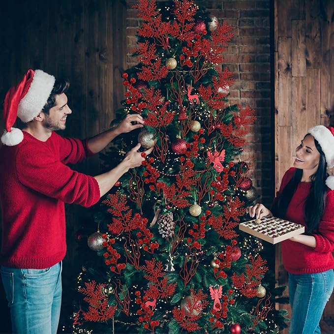 75 Pcs Christmas Glitter Branches 3 Styles Artificial Christmas Picks Berries Stems Pine Needles Floral Twig Spray for Xmas Tree Ornaments DIY Wreath Garland(Red)