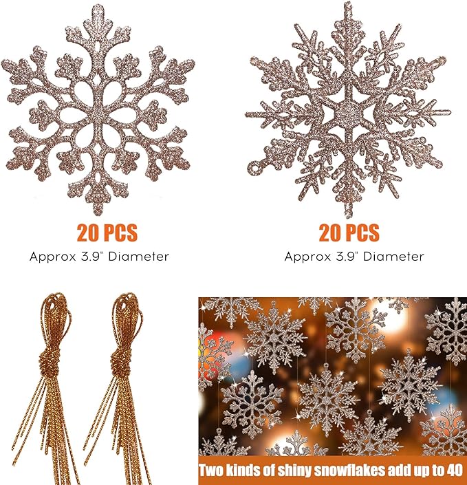 RECUTMS 40Pcs Plastic Snowflake Ornaments Christmas Glitter Snowflakes Hanging Crafts for Wedding Birthday Home Xmas Tree Window Door Accessories,4 Inches,2 Pattern (Champagne)