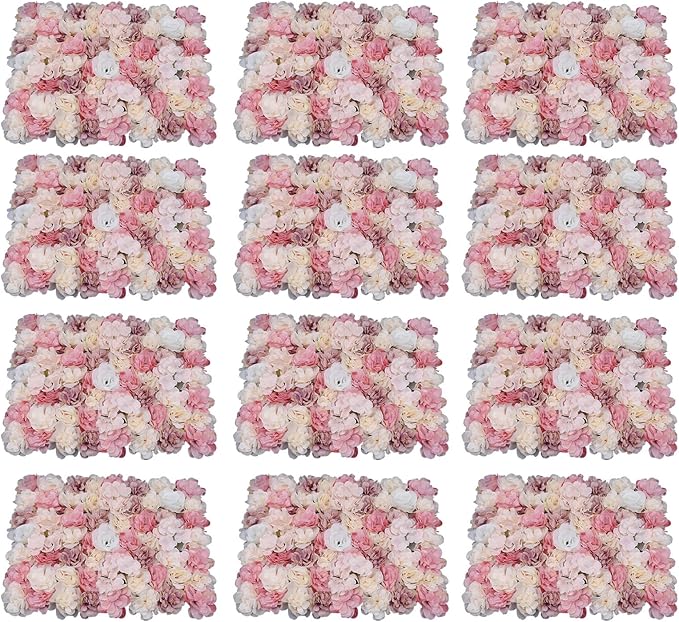 Flower Wall Panel Set, Artificial Wall Flower Backdrop,Artificial Flower Wall Mat Silk Rose Flower Panels,Hydrangea Rose Floral Panel for Party Wedding (12Pcs), LZ-290906